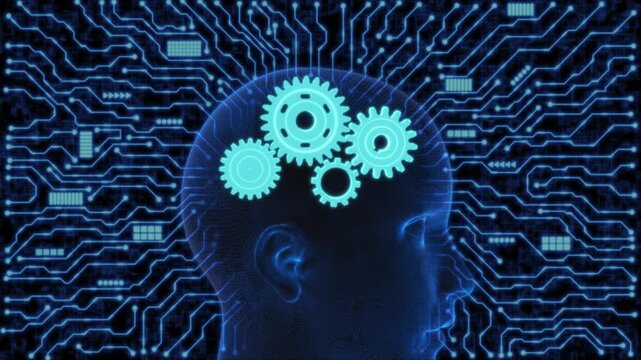 Human head with gear circuit showing artificial intelligence thinking, brain algorithm logic, machine learning automation, cognitive system, and futuristic neural network concept