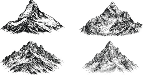 Detailed black and white engraving of four majestic mountain peaks with rocky textures and shaded slopes on a white background © Lukman Ahmed