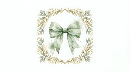Fototapeta premium Watercolor sage green bow with golden botanical wreath frame on white background, isolated clipart for wedding invitations and holiday decorations.