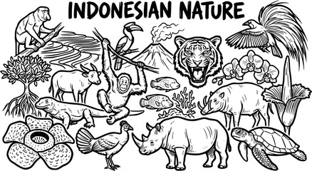 Diverse Indonesian Nature and Wildlife Elements: Iconic Animals, Plants, and Landscapes Hand-Drawn Black and White Line Art © kulinadsgn