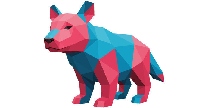 Dynamic low poly geometric animal illustration featuring a stylized canine creature crafted from angular facets in vibrant pink and blue hues, embodying a modern abstract aesthetic