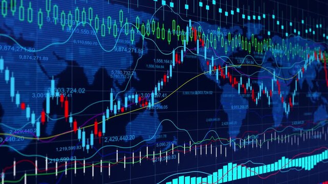 Global world stock market exchange trading financial growth strategy, economic volatility analysis, business investment, candlestick chart, and futuristic cyberspace wealth concept