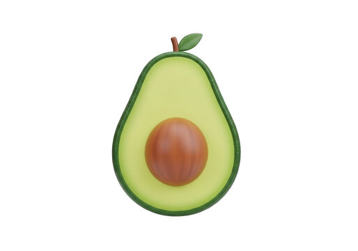 3 d rendered of a halved avocado with a round brown pit and a small green leaf on isolated on a solid black background