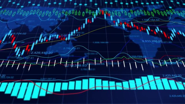 Global world stock market exchange trading financial growth strategy, economic volatility analysis, business investment, candlestick chart, and futuristic cyberspace wealth concept