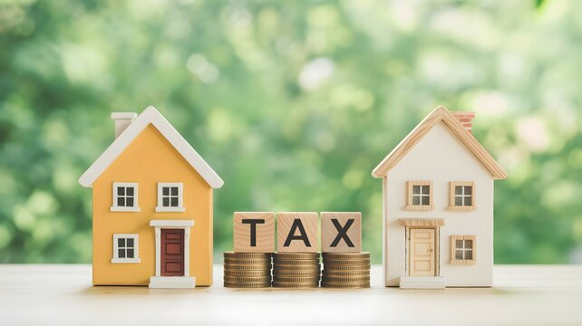Two Houses with Tax Blocks and Coins for Real Estate Tax Concept