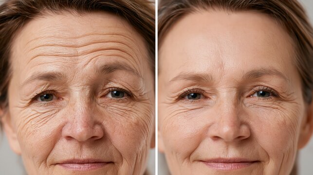 A botox before and after split showing deeply etched forehead wrinkles on the left and completely smooth relaxed skin on the right.