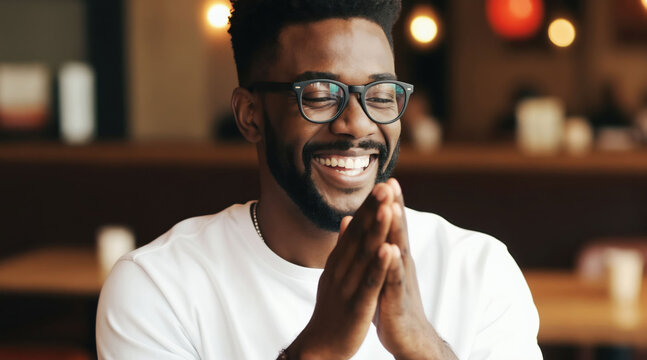 Young black man in glasses claps hands, smiling happily indoors. He celebrates success, achievement, or a great idea with positive emotion. Casual portrait.