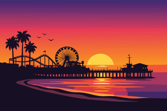 Santa Monica Pier California Sunset Silhouette Flat Vector Illustration. Pacific Park Ferris Wheel and Roller Coaster on the Beach with Palm Trees and Ocean Reflection. Los Angeles Landmark.