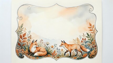 Naklejka premium Watercolor autumn forest frame with cute foxes, fall foliage and decorative border on transparent background for seasonal design projects.