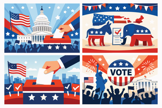 Set of 2026 United States Midterm Elections Posters for Political Campaigns. Vector Illustration Featuring Voting, Ballot Boxes, US Capitol, White House, Democrat Donkey, and Republican Elephant.