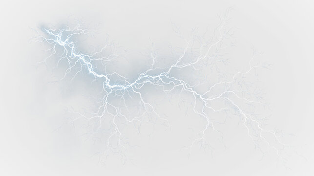 Blue and white lightning bolt with cloud outline isolated on transparent background during a storm event, light overlay, PNG