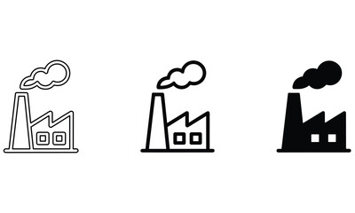 Fototapeta premium Industrial factory icons displayed in three distinct graphic styles showing simple building structures with smoke rising from tall chimneys above