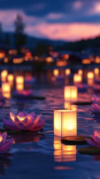 Tranquil water scene at dusk, illuminated lanterns float among blooming lotus flowers on surface