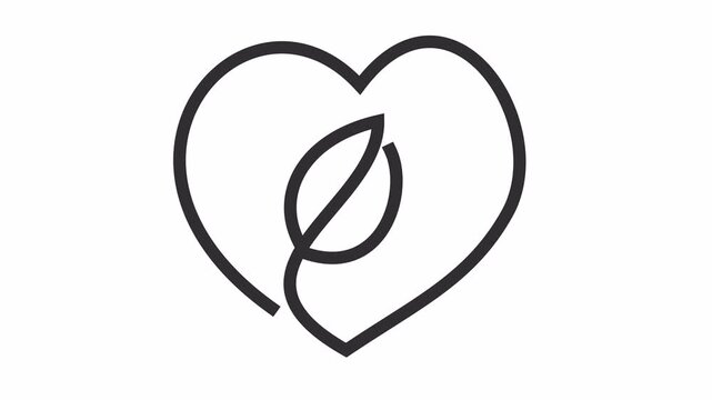 Eco heart plant line art icon with minimalist environmental care in continuous line drawing cartoon animation for nature conservation and sustainable development element concept. Seamless looping.