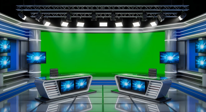 Modern Professional News Studio with Green Screen and News Desks