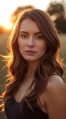 Fototapeta premium Young woman with long wavy hair in golden hour outdoor portrait with natural glow