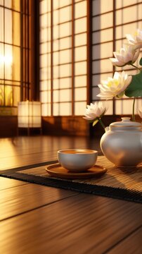 A serene tea setting featuring a pot and cup on a mat, illuminated by warm sunlight