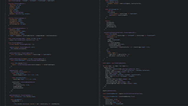 Computer screen displaying TypeScript code background. Digital programming environment with software development script. Modern web technology backend web development. Vector illustration.