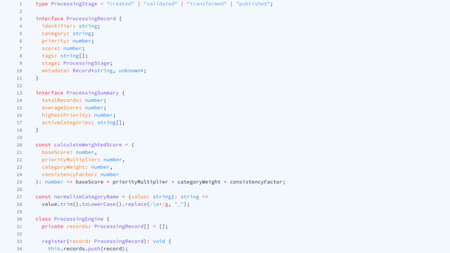 Typescript code lines displayed on computer screen. Programming interface with function and interface definitions. Software development, coding logic and digital data processing concept.