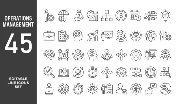 Operations management web icons in line style. Logistics, business process, maintenance, supply chain, improvement, planning, collection. Editable stroke. Vector illustration.