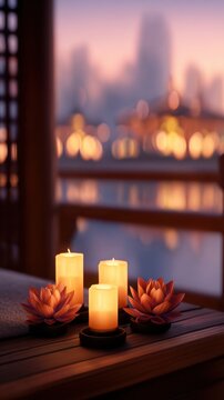 Serene candles and lotus flowers on wooden table, set against a blurred cityscape at dusk