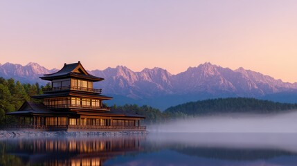 Obraz premium A serene reflection of a traditional structure on tranquil water with mountains in the background