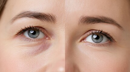 Naklejka premium An under eye treatment before and after split showing dark hollow under eye circles on the left and a brightened refreshed luminous appearance on the right.