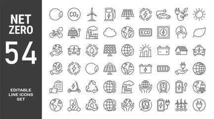 Net Zero web icons in line style. Green energy, CO2 neutral, gas emissions, climate, ecology, collection. Editable stroke.  Vector illustration. © Minara