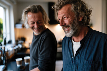 Fototapeta premium Gay Couple Happily Working Together in Kitchen, Brewing Coffee and Sharing Smiles, Connection and Comfort, Joy of Companionship, Cozy Home Environment and Collaborative Morning Routine