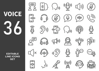 Voice web icons in line style. Sound wave, voice recognition, message, audio, speech, collection. Editable stroke.  Vector illustration. © Minara