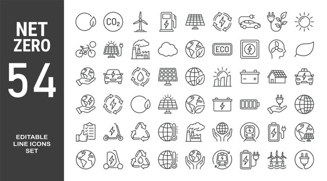 Net Zero web icons in line style. Green energy, CO2 neutral, gas emissions, climate, ecology, collection. Editable stroke.  Vector illustration.