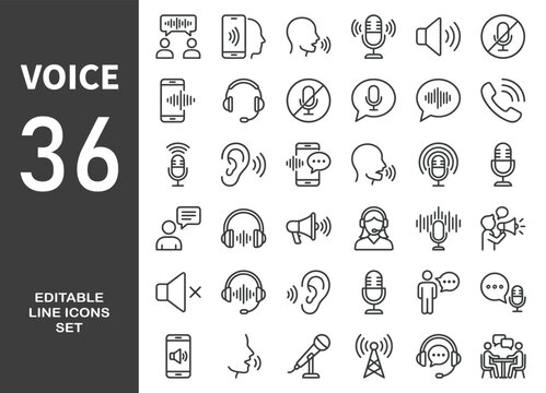 Voice web icons in line style. Sound wave, voice recognition, message, audio, speech, collection. Editable stroke.  Vector illustration.
