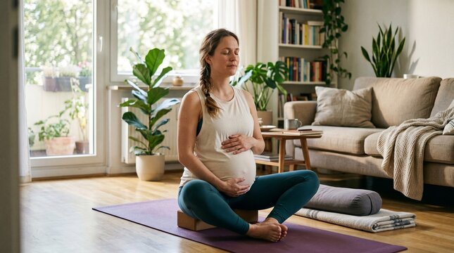 Smiling pregnant woman practicing meditation on yoga block at cozy home. Prenatal wellness, mental health and active lifestyle concept for commercial stock photography.