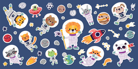 A set of cute stickers of astronaut animals in space, on rockets, planets and stars. Space bundle in cartoon style with planets, kids and animals astronauts on dark background. © nafanya241