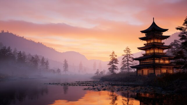 Serene landscape featuring a pagoda by the water, illuminated at sunset with mist and mountains