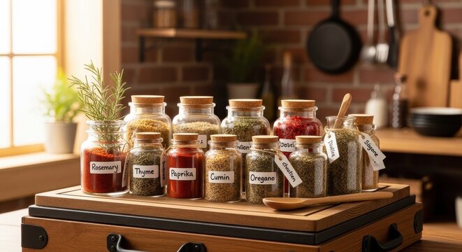 Assorted Dried Herbs and Spices Displayed in Stylish Kitchen Jars