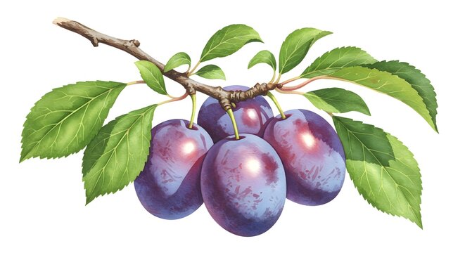 Fresh ripe purple plums with green leaves on a branch for healthy food and nutrition.