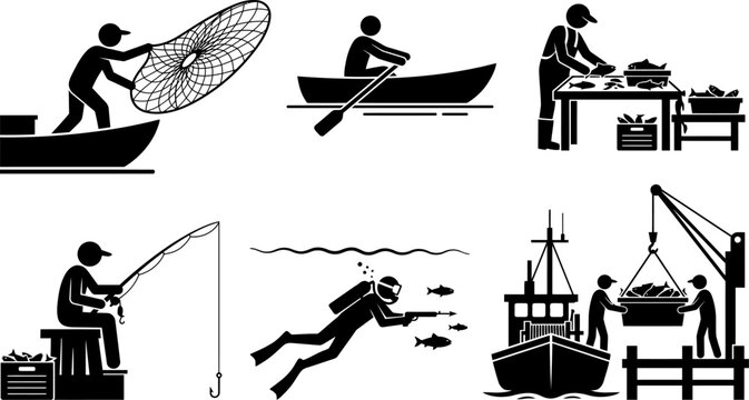 Title: Commercial fishing industry and fisherman worker pictogram set