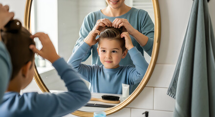 Obraz premium Mother and son styling hair together in front of bathroom mirror