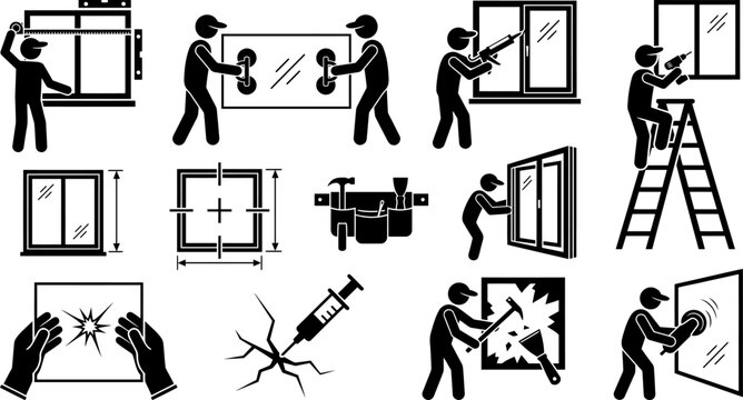 Window installation and glass repair worker pictogram set