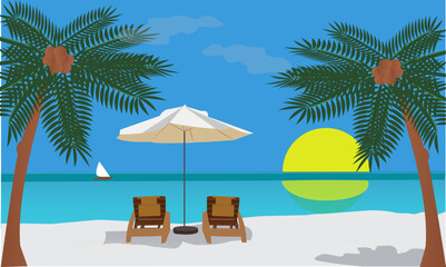 Obraz premium A tropical beach with palm trees and two sun loungers