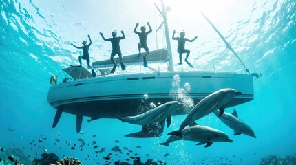Fototapeta premium Experiential Multi Generational Family Boating Excursion, People Jumping Into Ocean With Dolphins
