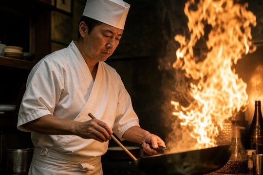 Skilled Japanese chef masterfully cooking teppanyaki-style dish over open flame in bustling restaurant kitchen, intense focus, dramatic fire lighting, traditional white uniform, culinary artistry
