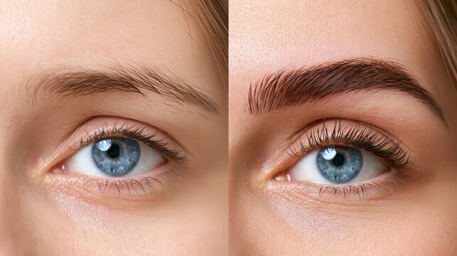 A microblading before and after split showing sparse patchy brows on the left and defined full hair stroke brows on the right.