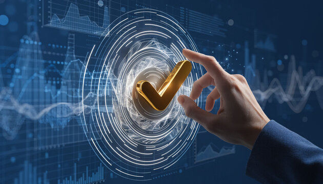 Hand holding gold checkmark, digital background with graphs