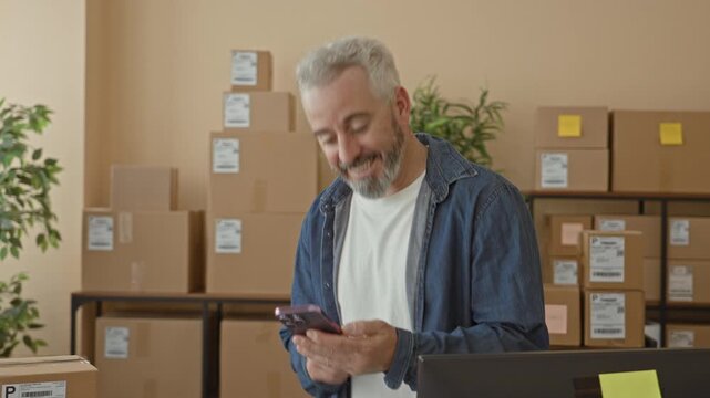 Man holding smartphone and gesturing with hand amid stacked packages and shipping labels in a building; small business joy.