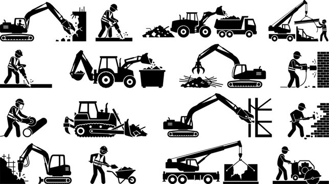 Construction heavy machinery and demolition worker pictogram set