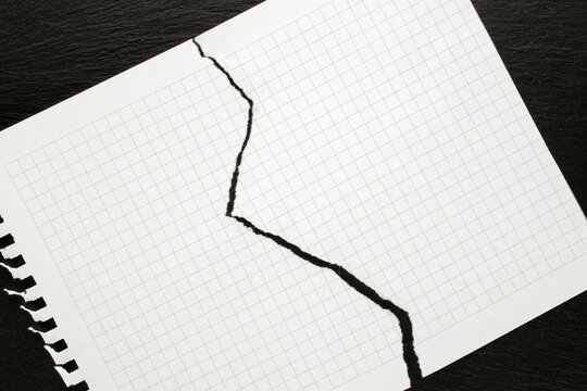 A sheet of squared paper torn in half, macro. Top view.