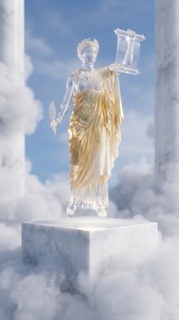 Celestial Muse Gold Ivory Crystal Calliope Goddess Of Epic Poetry Of Olympus Levitating Above Marble Pedestal