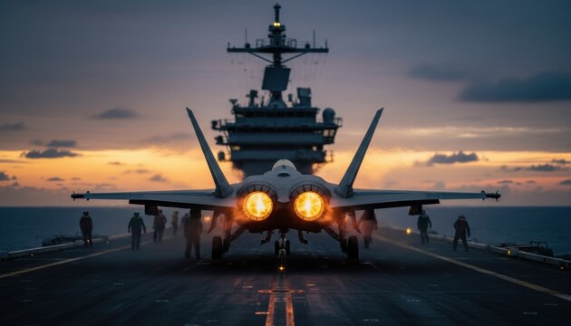 Rear view of military fighter aircraft on carrier flight deck with glowing engines at dusk with ship tower behind